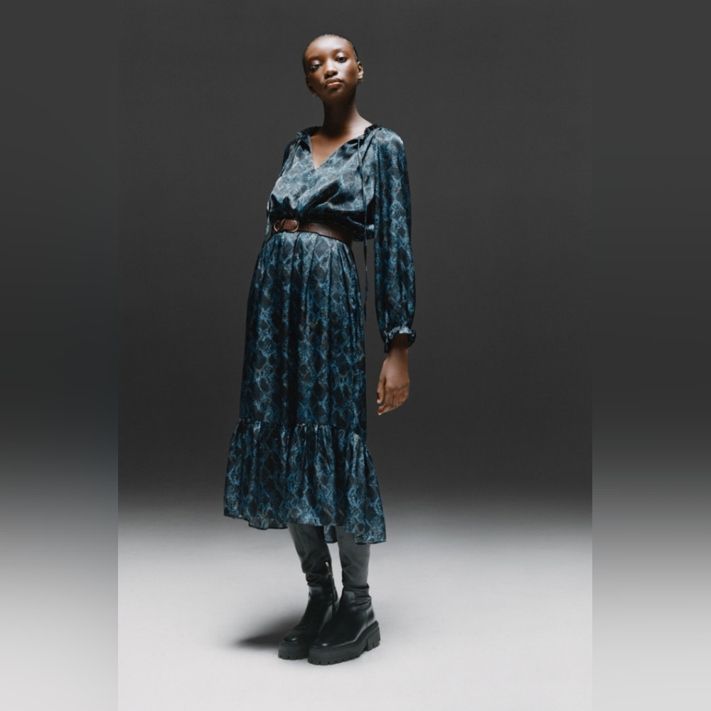Zara Blue Satin Snake Print Long Sleeve Dress XS